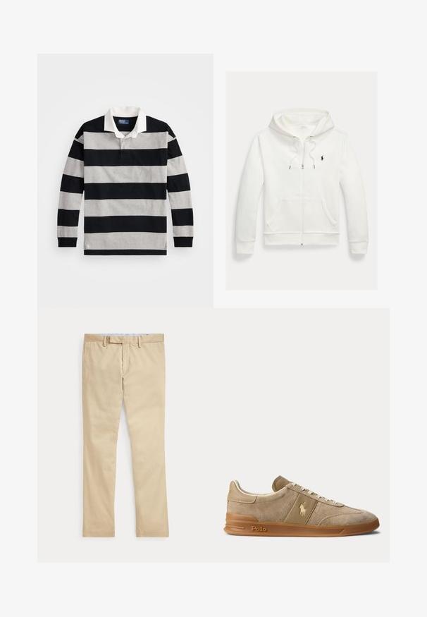 Weißes Kapuzen-Sweatshirt mit Reißverschluss, Fronttaschen und kleinem schwarzem Polo Ralph Lauren Logo auf der linken Brust.; Gestreiftes Polohemd mit langen Ärmeln in Schwarz und Grau, einem weißen Kragen und einem kleinen Logoakzent am unteren Saum. Weiches Baumwollmaterial.; Beige gerade Hose mit Gürtelschlaufen und einem vorderen Reißverschluss, flach auf weißem Hintergrund gelegt.; Beiger Wildleder- und Leder-Low-Top-Sneaker mit Gummisohle, weißen Schnürsenkeln und Polo-Logo an der Seite und an der Sohle.