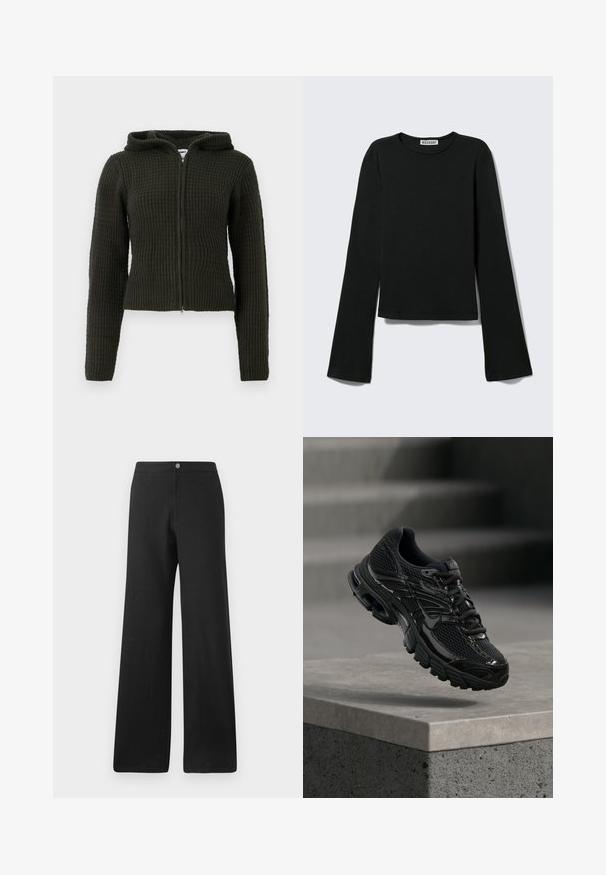 Mørkegrøn zip-up hoodie lavet af tekstureret stof, med hætte, tætsiddende silhuet og ribbede manchetter og kant.; Sort langærmet rundhalset skjorte med en figursyet silhuet og let udvidede ærmer, mærket med "Weekday" brandetiketten ved halsudskæringen.; Sorte bukser med vid ben lavet af et blødt stof, med knaplukning foran, rene linjer og et minimalistisk design uden mønstre.; Sort Nike løbesko med mesh og syntetisk overdel, der svæver over en betonoverflade og trin i baggrunden.