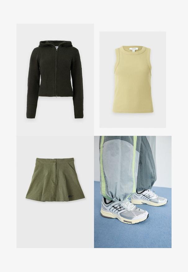Mørkegrøn zip-up hoodie lavet af tekstureret stof, med hætte, tætsiddende silhuet og ribbede manchetter og kant.; Ærmeløs ribstrikket tanktop i lys olivengrøn med rund halsudskæring, synligt Topshop-mærke inden i kraven.; Nike Sportswear X NAOMI OSAKA SKIRT - Mini skirts - medium olive/blackened blue; Grå og limegrønne træningsbukser med samlede manchetter båret over hvide og sølv sneakers med sorte accenter og mesh-detaljer.