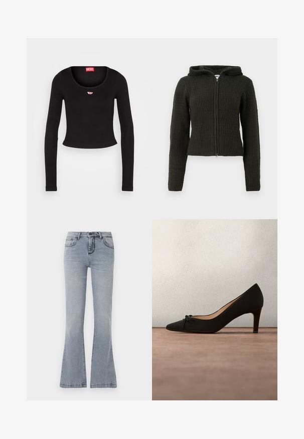 Mørkegrøn zip-up hoodie lavet af tekstureret stof, med hætte, tætsiddende silhuet og ribbede manchetter og kant.; Sort langærmet crop top lavet af ribbet stof. Har en scoop halsudskæring og et lille rødt og hvidt logo på brystet.; Lysblå denimjeans med flare cut, lukning med frontknap og lynlås, samt klassisk fem lomme-design.; Sort mokkasinsko med høj hæl, spids tå og lille sløjfe, svævende over en grå tæppebelagt gulv mod en sløret baggrund.