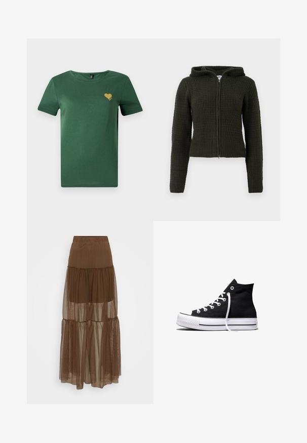Dunkelgrüne Zip-Hoodie aus strukturiertem Stoff, mit Kapuze, taillierter Silhouette und gerippten Bündchen und Saum.; Grünes Baumwoll-T-Shirt mit rundem Ausschnitt und kurzen Ärmeln. Mit einem kleinen goldenen Herz-Design auf der Brust. Weicher Stoff, lässige Passform.; Brauner gestufter Rock mit einem strukturierten Mesh-Overlay und elastischem Bund. Verfügt über drei Lagen aus transparenter Stoff, die eine leicht fallende Silhouette bieten.; Schwarzer High-Top-Canvas-Sneaker mit weißer Gummisohle und weißen Schnürsenkeln, seitlich dargestellt vor weißem Hintergrund.