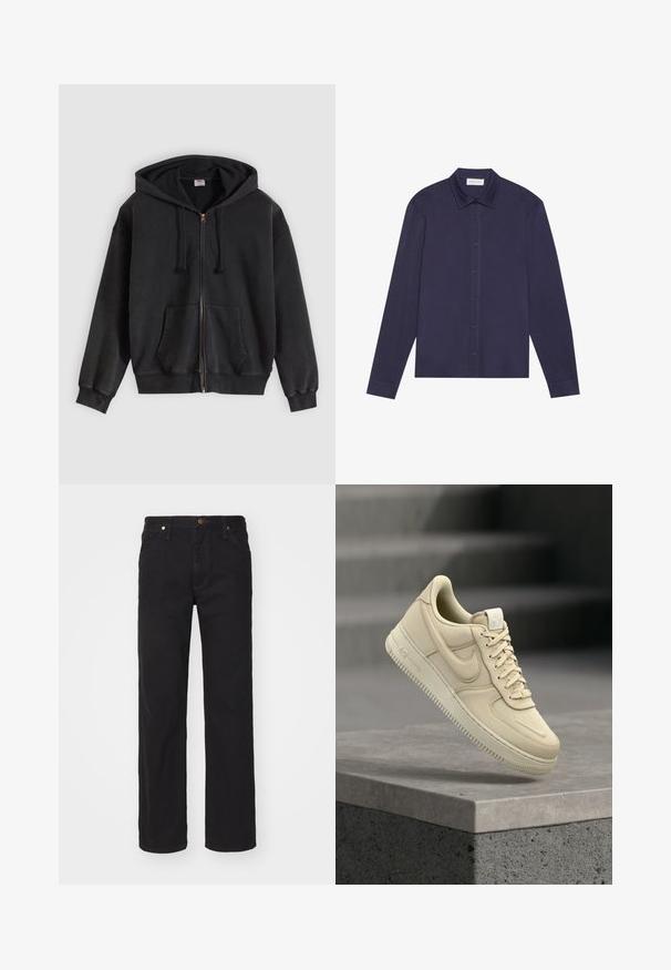 Zwarte hoodie met ritssluiting, voorzakken en trekkoorden, plat uitgespreid op een lichtgrijze achtergrond.; Marineblauwe longsleeve shirt van een gladde stof, met een knopenlijst aan de voorkant, een puntige kraag en een iets ontspannen pasvorm.; Zwarte rechte spijkerbroek met voorzakken, riemlussen en een knoopsluiting op een effen achtergrond.; Beige Nike Air Force 1 sneaker zweeft boven een grijs betonnen richel met een vervaagde trap op de achtergrond.
