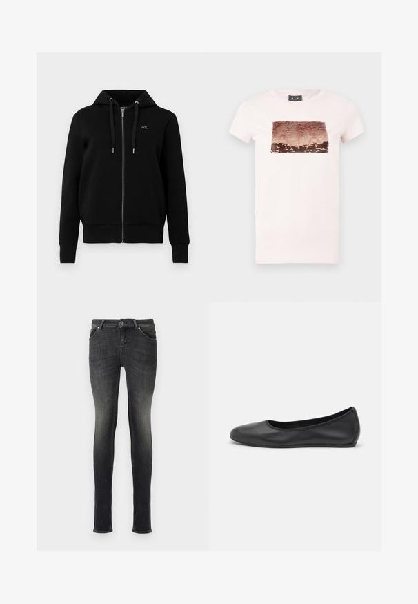 Musta zip-up huppari, joka on valmistettu puuvillasekoitteesta. Siinä on säätönyöri huppua varten, ribbed-hihansuut ja pieni logo vasemmassa rinnassa.; Vaaleanpunainen lyhythihainen t-paita, jossa on suorakulmainen ruusukultainen ja ruskea kääntöpaljettikuvio rinnassa sekä pyöreä kaula-aukko.; Tummanpesun skinny-farkut, joissa on haalistunut gradientti. Farkuissa on viisi taskua, nappikiinnitys ja ompeluyksityiskohdat saumoissa.; Musta nahkainen ballerina, jossa on pyöristetty kärki, sileä pinta, minimaalinen ommelkoristelu ja joustava pohjamuotoilu.