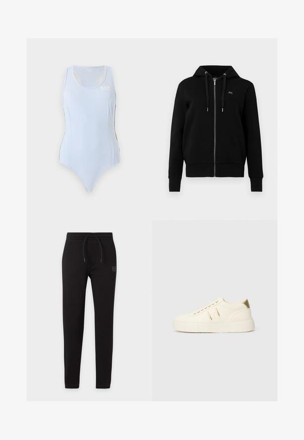 Sweat à capuche noir zippé en tissu mélangé de coton. Il dispose d'une capuche avec cordon de serrage, de poignets côtelés et d'un petit logo sur la poitrine gauche.; Justaucorps de sport bleu clair sans manches avec dos nageur et petit logo blanc EA7 sur le haut du côté gauche de la poitrine.; Pantalon de survêtement noir slim avec taille élastique et cordon, avec petit logo "EA7 Emporio Armani" sur la cuisse gauche.; Baskets basses de couleur crème avec des accents dorés, des lacets et un marquage « Armani Exchange » en relief sur la semelle et le patch latéral.