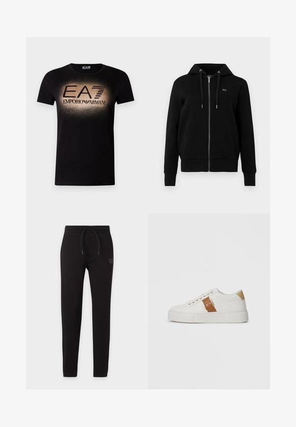 Svart zip-up hettegenser laget av en blanding av bomull. Har en snøring i hetta, ribbede mansjetter og en liten logo på venstre bryst.; Svart bomulls-T-skjorte med et gradient gulllogo-design og teksten "EA7 EMPORIO ARMANI" i fet skrift over brystet. Kortermet.; Svarte slim-fit joggebukser med elastisk midje og snøring, med liten "EA7 Emporio Armani" logo på venstre lår.; Hvit lavtopp sneaker med beige hælpatte, brun lærrem med gullspenne og A|X-merke, samt preget Armani Exchange såle.