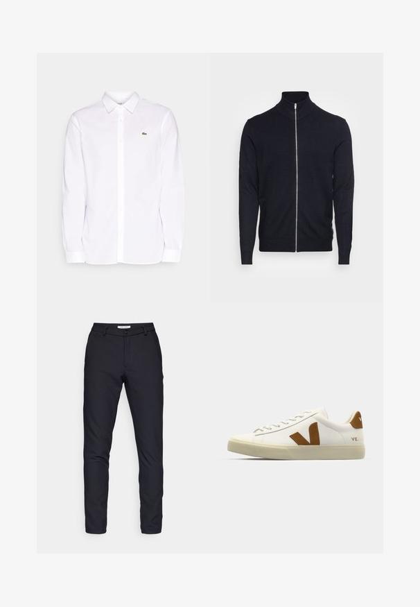 Lindbergh ZIP - Vest - navy; Witte lange mouwen shirt van katoen, met een button-down kraag, een groen geborduurd logo op de linkerkant van de borst en rechte mouwen.; Zwarte broek van solide stof, met een ritssluiting, knoopsluiting, ceintuurlussen en rechte pijpen zonder zichtbare patronen of texturen.; Witte leren sneaker met een bruine suède V-logo, ronde neus, platte vetersluiting en gestructureerde buitenzool voor grip.