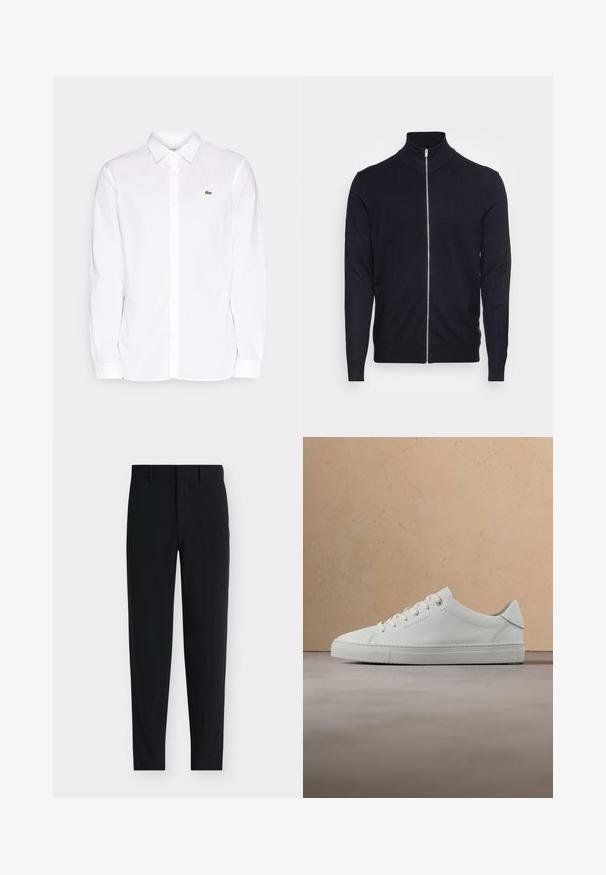 Lindbergh ZIP - Vest - navy; Witte lange mouwen shirt van katoen, met een button-down kraag, een groen geborduurd logo op de linkerkant van de borst en rechte mouwen.; Zwarte op maat gemaakte slim-fit broek met riemlussen en een verborgen voorvaksluiting, getoond op een witte achtergrond.; Witte leren lage sneaker met veters, zwevend boven een beige vloerkleed met textuur, vlakbij een ronde houten salontafel met boeken.