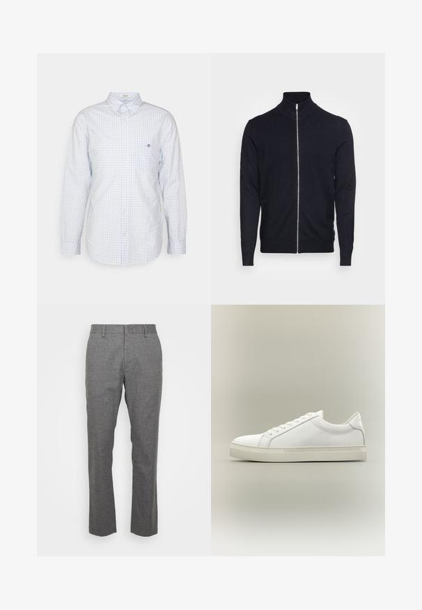 Lindbergh ZIP - Cardigan - navy; Lyseblå gingham skjorte med knapper, lange ærmer, krave og lille logo på brystet. Fremstillet af bomuld og med en glat tekstur.; Grå, skræddersyede bukser lavet af tekstureret stof. Har flad front, bæltesløjfer og en lige benpasform. Ingen synlige mønstre eller accenter.; Hvid lavtop sneaker med snørebånd foran og tyk sål, vist fra siden mod en neutral baggrund.