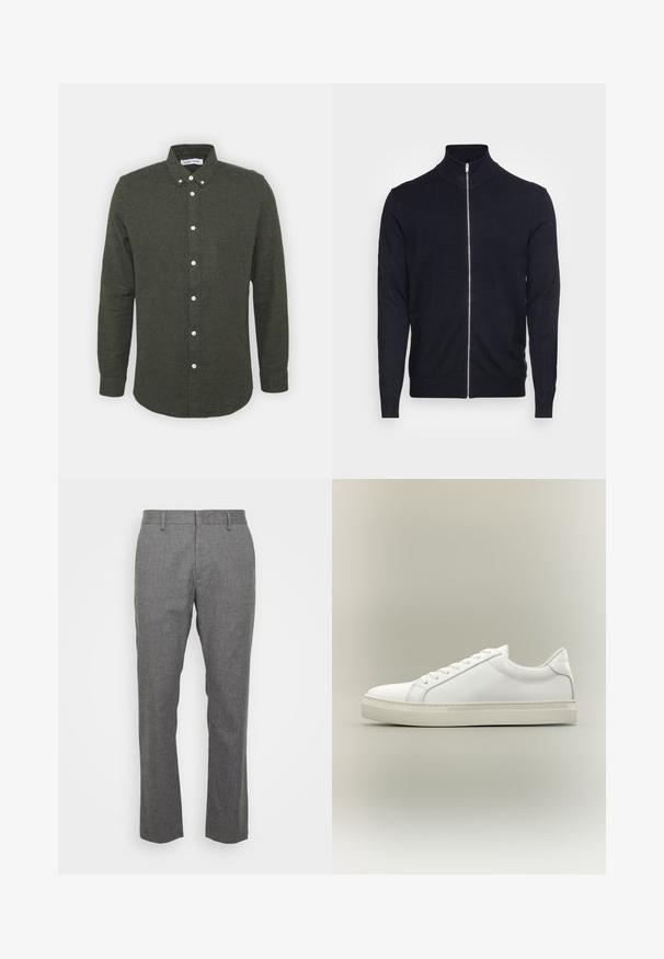 Lindbergh ZIP - Gilet - navy; Chemise boutonnée vert foncé avec un col, des manches longues et des boutons blancs. Tissu doux et texturé avec un ourlet légèrement arrondi.; Pantalon gris ajusté en tissu texturé. Présente une taille plate, des passants de ceinture et une coupe droite. Pas de motifs ou d'accents visibles.; Baskets blanches basses à lacets sur l’avant et semelle épaisse, vues de côté sur un fond neutre.