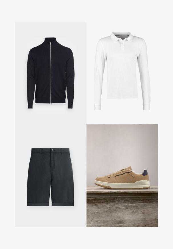 Lindbergh ZIP - Cardigan - navy; Langærmet polo shirt i hvid bomuld, med krave, tre knaplukninger og enkel tekstur uden mønstre eller dekorationer.; Sorte knælange shorts med opsmøgede kanter, knaplukning, bæltestropper og flad frontdesign på en ensfarvet hvid baggrund.; Beige ruskinds sneakers med hvid gummisål, featuring beige snørebånd, navy-blue accenter og perforerede detaljer på tåboksen.