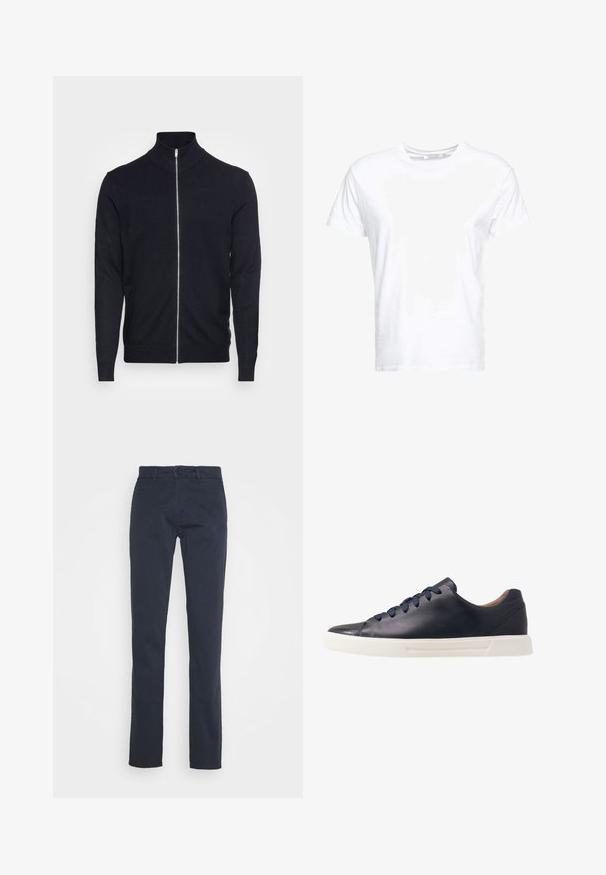 Lindbergh ZIP - Vest - navy; Witte katoenen t-shirt met een ronde hals en korte mouwen, in een klassiek model met een gladde textuur. Geen patronen of hardware zichtbaar.; Marineblauwe broek van katoen, met een recht gesneden ontwerp, riemlussen en een knoopsluiting aan de voorkant. Soepele textuur.; Marineblauwe leren sneakers met een gladde afwerking, platte witte rubberen zool, ronde neus en zes marineblauwe veters die door ronde oogjes zijn geregen.