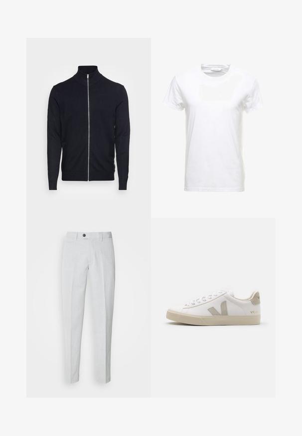 Lindbergh ZIP - Vest - navy; Witte katoenen T-shirt met korte mouwen, ronde halsontwerp en een gladde textuur. Label zichtbaar bij de halslijn. Eenvoudige en klassieke stijl.; Lichtgrijze broeken van een gestructureerde stof, met een knoopsluiting, een vlakke voorkant en tapse benen voor een gestroomlijnde pasvorm.; Witte leren sneaker met beige accenten, platte rubberen zool, ronde neus en contrasterend logo aan de zijkant en achterkant. Vetersluiting.