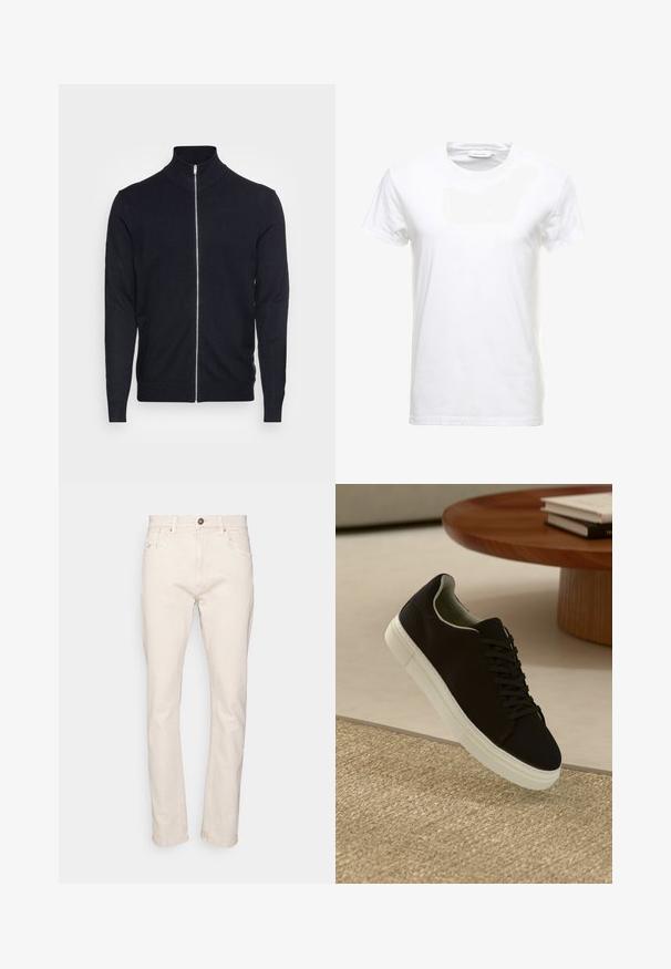 Lindbergh ZIP - Chaqueta de punto - navy; Camiseta de algodón blanca con mangas cortas, diseño de cuello redondo y textura suave. Etiqueta visible en el cuello. Estilo simple y clásico.; Jeans de mezclilla beige con corte recto, cinco bolsillos y cierre de botón marrón. Presenta detalles de costura sutiles y una textura suave.; Zapatilla negra con suela blanca flotando sobre una alfombra texturizada beige cerca de una mesa redonda de madera con libros apilados.