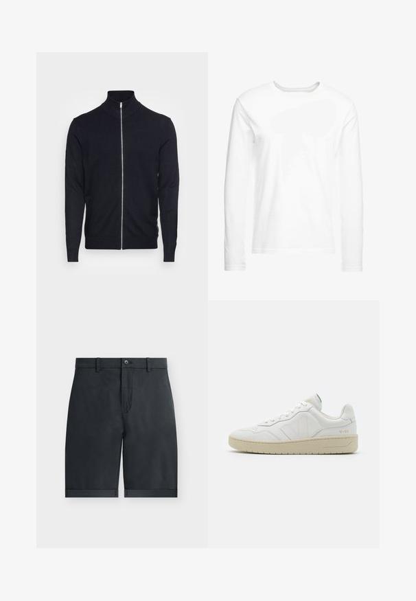 Lindbergh ZIP - Chaqueta de punto - navy; Camiseta blanca de manga larga hecha de algodón suave. Cuello redondo con dobladillos rectos y sin patrones ni gráficos visibles.; Pantalones cortos negros hasta la rodilla con dobladillos vuelta, cierre con botón, trabillas para cinturón y diseño frontal plano sobre un fondo blanco liso.; Zapatillas blancas de cuero con un acabado texturizado y cuello acolchado. Cuentan con una suela de goma beige y un sutil logotipo en el talón y el lado.