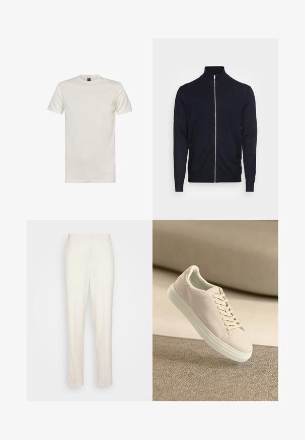 Lindbergh ZIP - Chaqueta de punto - navy; Camiseta de cuello redondo de manga corta en algodón color blanco roto. Presenta una textura suave, un ajuste estándar y un diseño minimalista sin estampados.; Pantalones ajustados de color crema con corte recto, hechos de una tela texturizada. Presentan pasadores para cinturón y cierre frontal con cremallera.; Zapatilla de ante beige con suela y cordones blancos, mostrada flotando sobre una alfombra de textura beige contra un suave fondo beige.