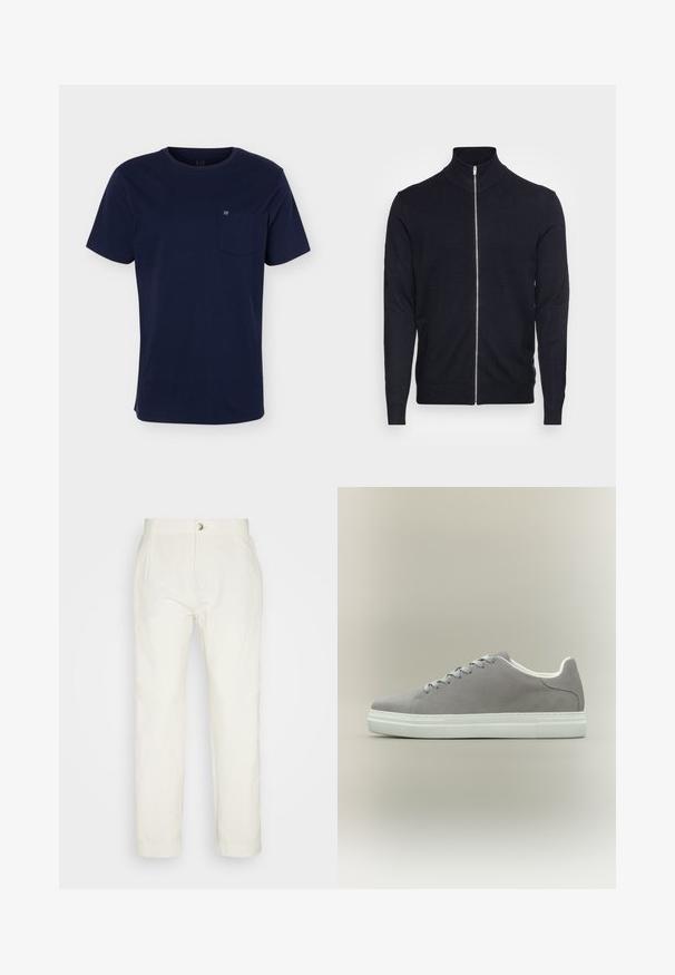 Lindbergh ZIP - Vest - navy; Marineblauw T-shirt met korte mouwen en een ronde hals, met een borstzakje met een klein logo op een effen achtergrond.; Esprit STRAIGHT PLEAT - Broek - off white; Grijze suède sneaker met witte rubberen zool en veters, voorzien van een laag uitgesneden ontwerp en een gladde textuur. Minimalistische stijl zonder zichtbare logo's.