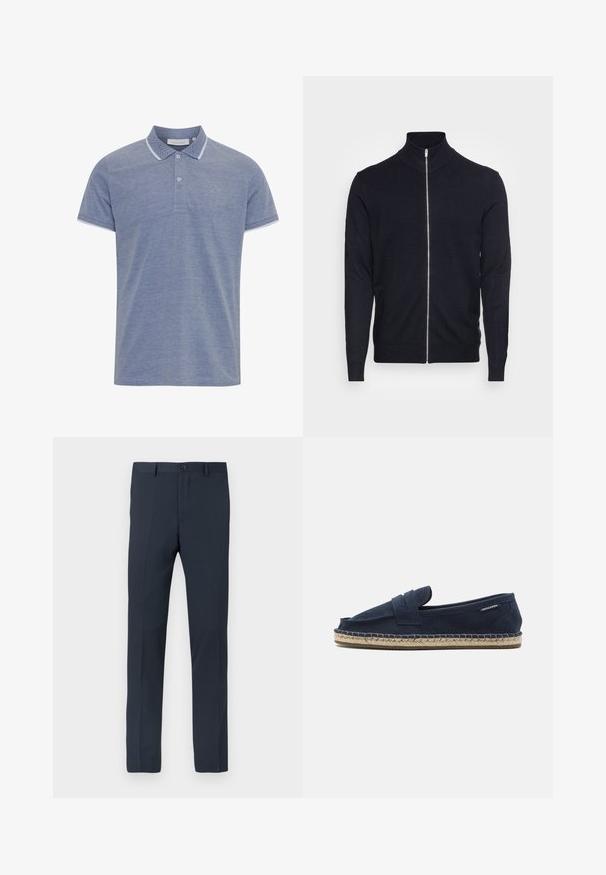 Lindbergh ZIP - Vest - navy; Lichtblauw polo shirt van textuurstof, met een gebuttonneerde kraag, contrasterende witte bies op de kraag en mouwen, en een klein logo.; Navyblauwe broek gemaakt van gladde stof, met een slim fit, riemlussen, een knoopsluiting aan de voorkant en twee zijzakken.; Navy suède espadrille instapper met een gevlochten jute zool, voorzien van een minimalistisch ontwerp zonder zichtbare hardware of patronen.