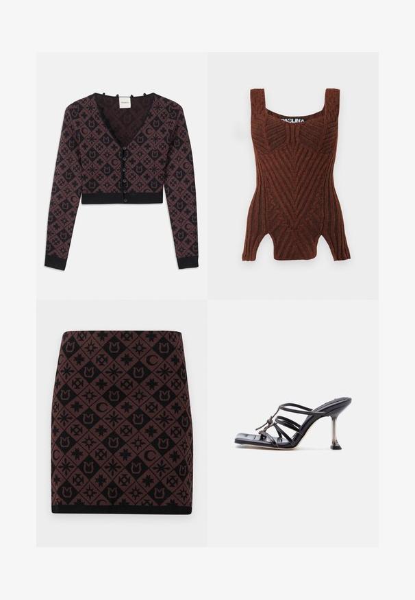 Cardigan à col en V coupé avec manches longues, motif géométrique et floral noir et marron foncé, fermeture à bouton sur le devant, poignets et ourlet côtelés.; Débardeur en tricot marron avec une texture côtelée, arborant un motif géométrique, des bretelles larges et une silhouette ajustée.; Jupe en tricot avec un motif géométrique noir et marron comportant divers symboles, de forme ajustée, et une taille noire au bas.; Sandale à talon haut noire avec brides fines, bout carré et talon stiletto mince, présentant des brides qui se croisent et un nœud décoratif sur le dessus.