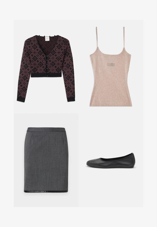 Korte V-hals cardigan met lange mouwen, zwart en donkerbruin geometrisch en bloemenpatroon, knoopsluiting aan de voorkant, geribbelde manchetten en zoom.; Geribbelde, beige tanktop met dunne verstelbare bandjes. Heeft een vierkante halslijn en een klein gedrukt detail nabij het midden.; Grijze geribbelde kokerrok met een gladde zwarte zoom. Heeft een getailleerd ontwerp en een standaard tailleband. De textuur is geweven en verfijnd.; Zwarte leren ballerina met een ronde neus, gladde textuur, minimale stikdetails en een flexibele zoolontwerp.