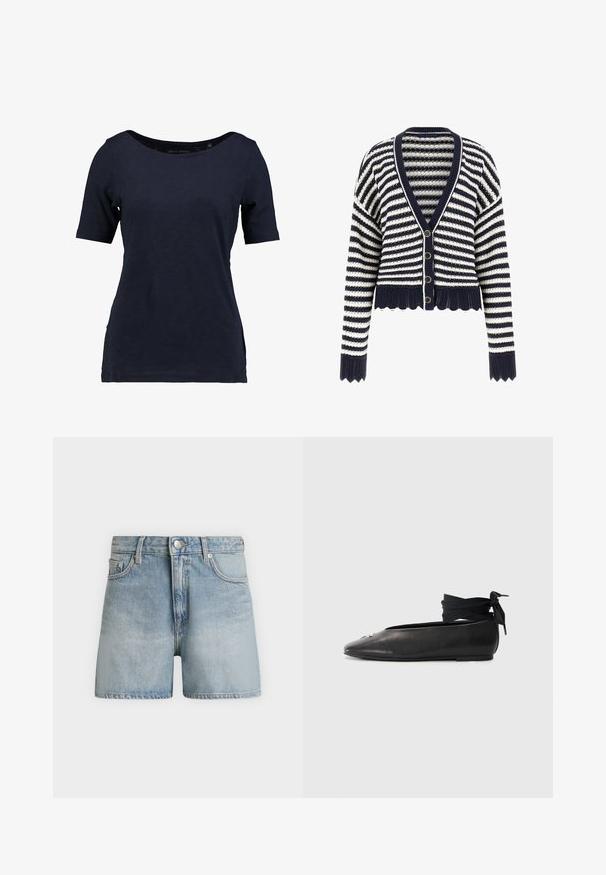 Marineblauer und weiß gestreifter Strick-Cardigan mit V-Ausschnitt, durchgehender Knopfleiste, wellenförmigem Saum und gerippten Bündchen an den langen Ärmeln.; Kragenloses T-Shirt aus Baumwolle in Marineblau mit kurzen Ärmeln. Es verfügt über einen U-Boot-Ausschnitt und einen lockeren Schnitt mit seitlichen Schlitzen für mehr Bewegungsfreiheit.; Hellblaue Denim-Shorts mit vorderer Knopfleiste, Reißverschluss, Gürtelschlaufen und vorderen Taschen, auf neutralem grauem Hintergrund gezeigt.; Schwarze Leder-Ballerinas mit spitzem Zehenbereich, ausgestattet mit einem gewebten Stoff-Ankle-Tie und einem kleinen dekorativen Akzent auf der Zehe.