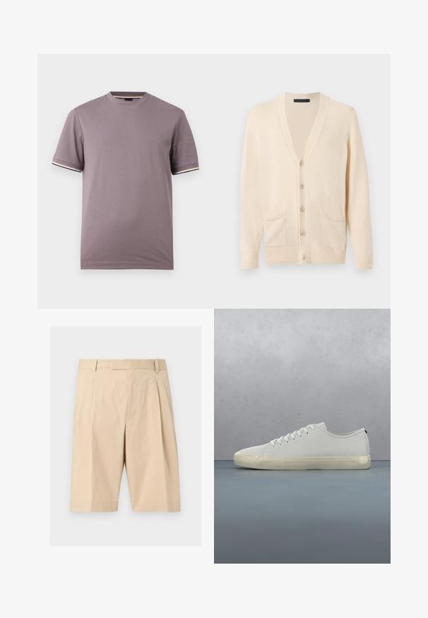 Cardigan en tricot beige à manches longues, avec boutons sur le devant, deux poches avant, et poignets et ourlet côtelés.; T-shirt manches courtes violet mat à col rond avec bordures rayées contrastées aux poignets et à l'encolure.; Shorts beige mi-long cintrés avec passants pour ceinture, plis à l'avant et fermeture éclair cachée sur le devant.; Baskets en cuir blanc avec lacets flottant au-dessus de carreaux en bois carrés et de petits cailloux, avec un arbre et un fond gris.