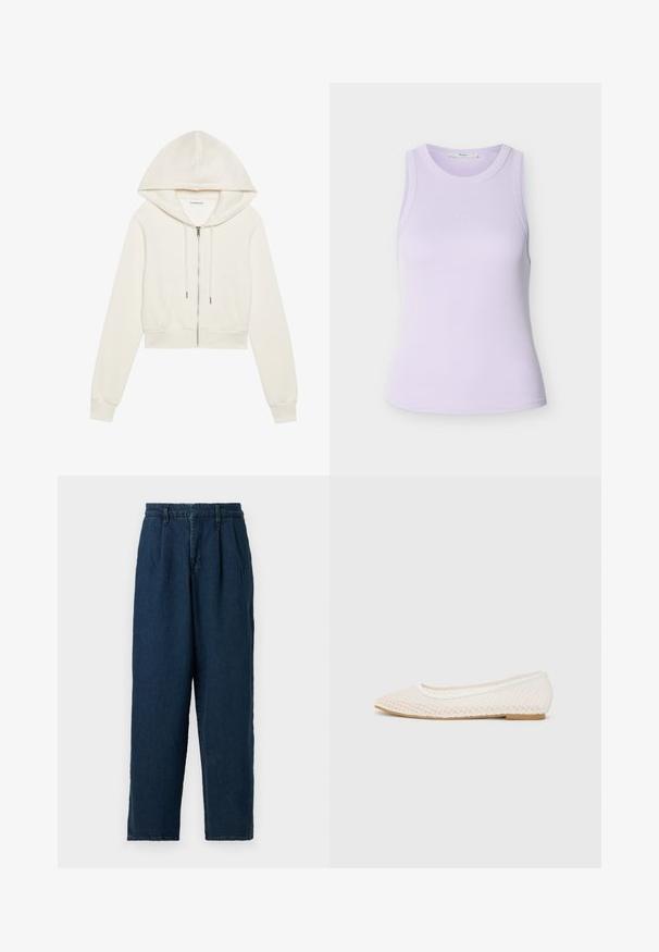 Lyhennetty huppari off-white-kankaasta, jossa on vetoketjusuljenta, kaksi etutaskua, ribbauskankaiset hihansuut ja pehmeä tekstuuri.; Hihaton lila ribattu toppi, jossa pyöreä pääntie ja pieni sävyyn sopiva brodeerattu logo rinnassa, esillä valkoisella taustalla.; Good American PLEATED TROUSER - Leveälahkeiset - indigo; Valkoiset tasapohjaiset kengät, joissa on verkkomuotoilu, teräväkärkiset ja matalapohjaiset. Kuosisesti teksturoitu päällinen, jossa on sileä vuori ja hillitty kontrastivärinen viimeistely.