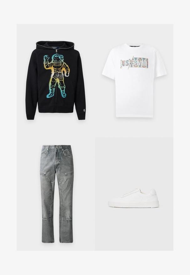 Schwarzer Hoodie mit Reißverschluss und einem bunten Gradient-Astronauten-Design auf der Vorderseite, das blaue, gelbe und orangefarbene Töne zeigt.; Weißes kurzärmeliges T-Shirt mit dem Text "Just Cavalli", der mit einem bunten Blumenmuster gefüllt ist und eine diagonale Linie durch den Text verläuft.; Graue Denim-Jeans mit geradem Schnitt, ausgestattet mit Fronttaschen, sichtbaren Nähten und einem verwaschenen Finish. Das Material hat eine glatte Textur.; Weißer Sneaker mit einem Obermaterial aus glattem Leder, abgerundetem Zehenbereich, Schnürsenkeln, strukturierten seitlichen Akzenten und einer dicken Gummisohle. Minimalistisches Design.