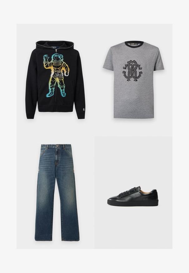 Sweat à capuche noir zippé avec un graphisme d'astronaute en dégradé coloré sur le devant, comprenant des tons de bleu, jaune et orange.; T-shirt gris à manches courtes avec un col rond noir et un logo orné "CR" entrelacé noir centré sur la poitrine.; Jean en denim bleu à jambes droites avec taille mi-haute, design classique à cinq poches et légère décoloration subtile sur les cuisses et les genoux.; Baskets en cuir noir avec une texture lisse, bout rond et fermeture à lacets. Comprend une semelle en caoutchouc épaisse et un minimum de détails de marque.