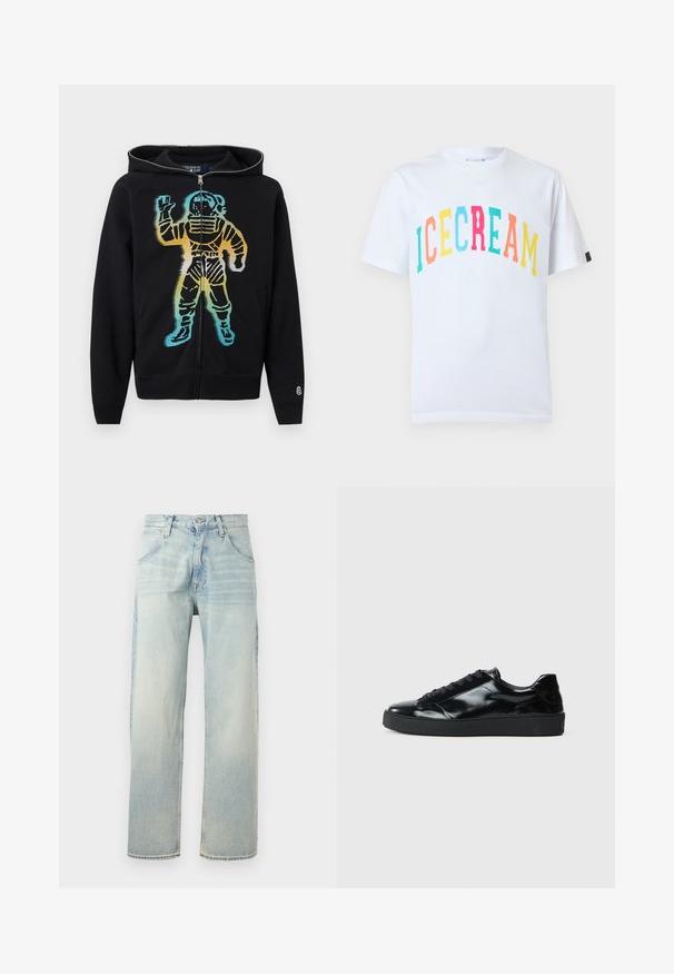 Sweat à capuche noir zippé avec un graphisme d'astronaute en dégradé coloré sur le devant, comprenant des tons de bleu, jaune et orange.; T-shirt en coton blanc avec l'inscription "ICECREAM" en texte multicolore et ludique. Col rond classique et manches courtes.; Jean denim bleu clair droit avec fermeture bouton et zip, poches avant et arrière, et détails d'aspect délavé.; Baskets en cuir verni noir avec un bout arrondi, un laçage, une semelle en caoutchouc texturé et une finition lisse.