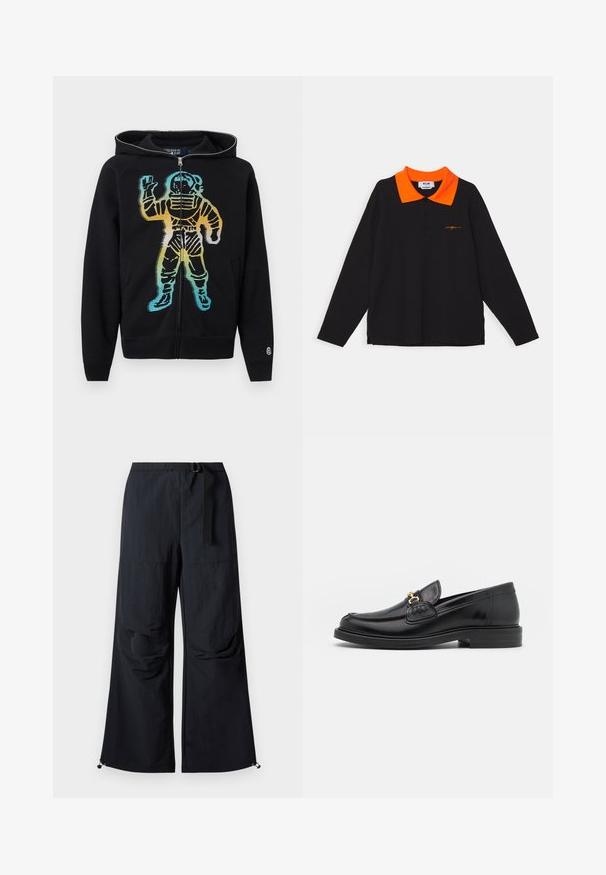 Sudadera negra con cremallera y capucha, con un gráfico de un astronauta en degradado de colores en el frente, que incluye tonos azules, amarillos y naranjas.; Polo negro de manga larga con cuello naranja, tapeta de dos botones y texto bordado naranja cerca del dobladillo. Material de algodón suave.; Pantalones negros de pierna ancha hechos de tela ligera. Cuentan con un cinturón, dos grandes bolsillos laterales y dobladillos ajustables con cierres de cordón.; Mocasines de cuero negro con punta redondeada, que cuentan con un detalle de herrajes dorados y costuras, situados sobre una suela de goma texturizada y baja.