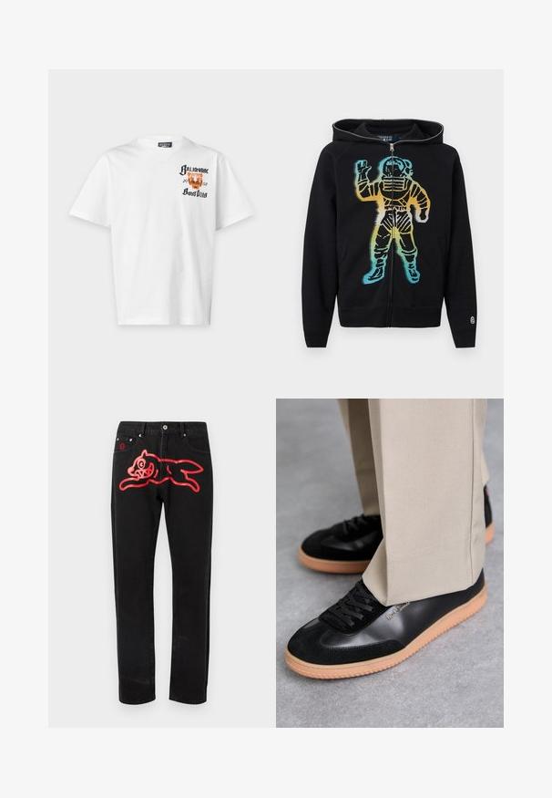 Black zip-up hoodie with a colorful gradient astronaut graphic on the front, featuring blue, yellow, and orange tones.; White short-sleeve t-shirt with "Billionaire Boys Club" text and an orange tiger face graphic on the upper left chest.; Black denim jeans featuring a large red graphic of a leaping cat on the left thigh. Standard five-pocket design with metal hardware.; Paul Smith COMO - Trainers - black
