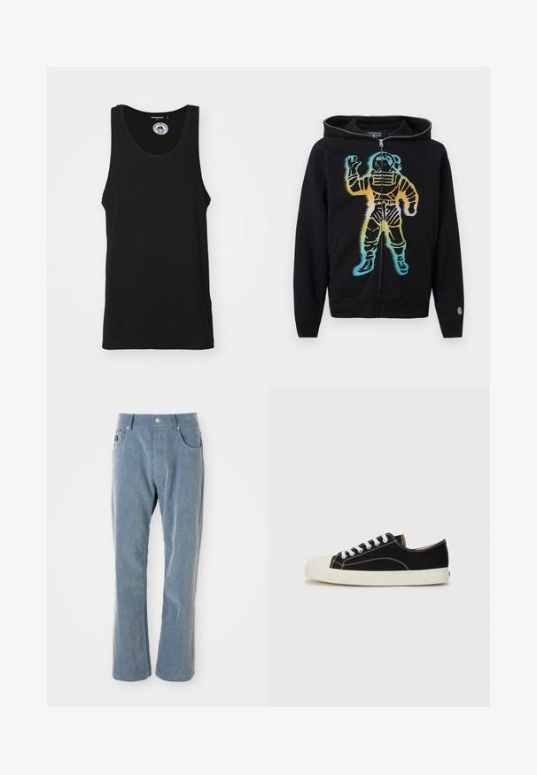 Sudadera negra con cremallera y capucha, con un gráfico de un astronauta en degradado de colores en el frente, que incluye tonos azules, amarillos y naranjas.; Camiseta sin mangas negra hecha de algodón con escote redondo y detalle de logo en relieve en la parte frontal. Diseño limpio y minimalista.; Pantalones de pana de color azul claro con cierre de botón y cremallera, bolsillos frontales y piernas rectas sobre fondo blanco.; Zapatillas de lona negras con costuras blancas, puntera redonda de goma y cordones blancos. Presentan un upper de tejido texturizado y suela beige.