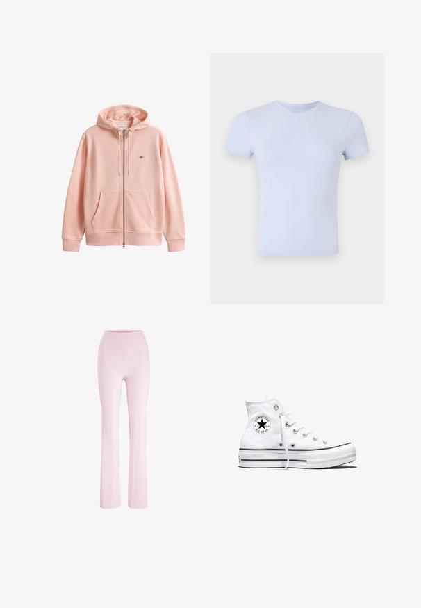 Lyserød hættetrøje med lynlås, forlommer, snoretræk i hætten og lille broderet logo på brystet mod hvid baggrund.; Good American SUPER STRETCH BABY TEE - T-shirts basic - periwinkle; Lyserøde yoga bukser med høj talje med tætsiddende pasform over lårene og let udvidede ben, vist på en hvid baggrund.; Hvid højtop Converse Chuck Taylor All Star-sneaker med sort logo-patch og hvide snørebånd, vist på hvid baggrund.