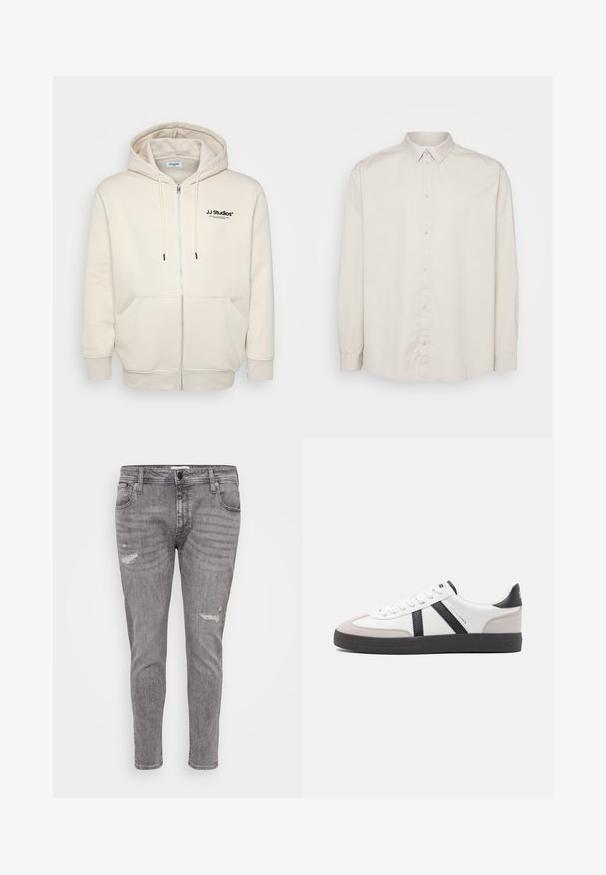 Creme zip-hoodie med snore, forlommer, ribbede manchetter og "JJ Studios" logo på brystet i sort. Blødt stof tekstur.; Langærmet skjorte i lys beige bomuld. Har en klassisk krave, fuld knaplukning og manchetter med knapper. Glat tekstur.; Grå denim jeans med slidte detaljer, slim fit, standard fem-lomme design og en let sammenløbende ben.; Hvide sneakers med sorte og grå detaljer, med en tekstureret grå tåhætte, sort gummisål og flade hvide snørebånd. Rent design, minimalistisk stil.