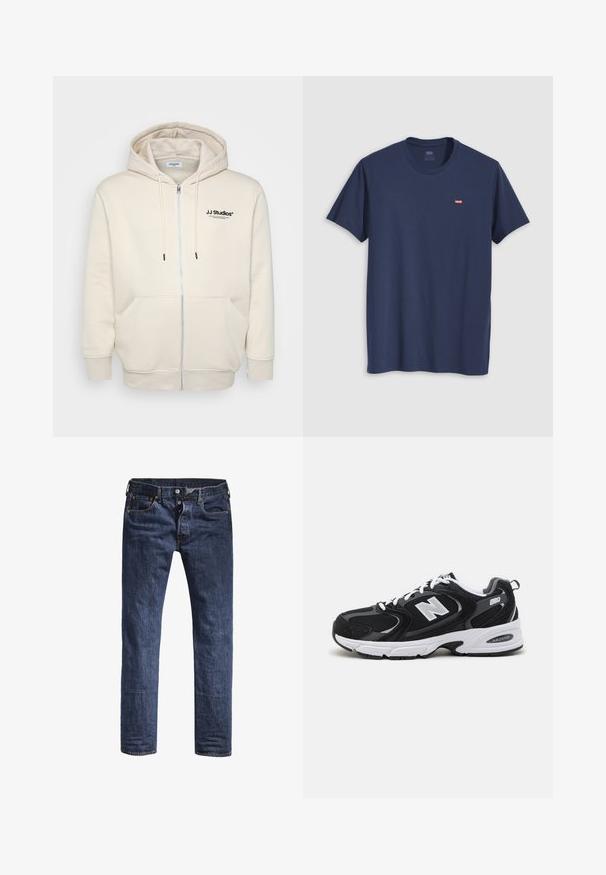 Creme zip-hoodie med snore, forlommer, ribbede manchetter og "JJ Studios" logo på brystet i sort. Blødt stof tekstur.; Marineblå bomulds-T-shirt med rund hals og korte ærmer. Har et lille rødt Levi's-logo på venstre bryst. Glat tekstur.; Mørkeblå denim jeans med slim fit, fem lommer og en standard taljehøjde. Har synlige syninger og metal hardware detaljer.; Sorte og grå sportssko med mesh og ruskind på overdelen, der har en hvid mellemsål, snørebånd og et iøjnefaldende "N" logo på siden.