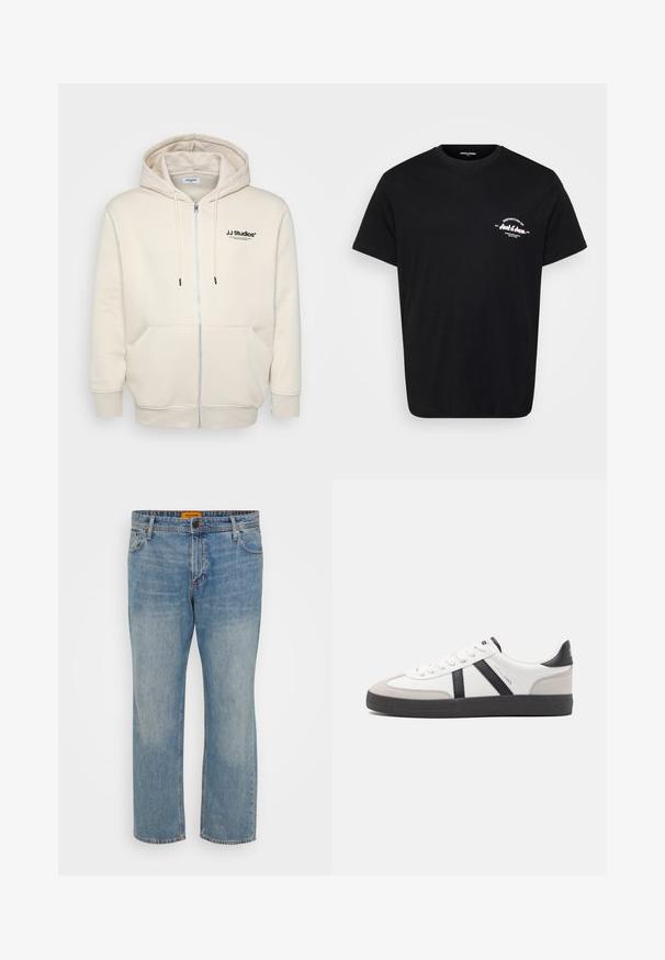 Cremefarbene Zip-Hoodie mit Zugbändern, Fronttaschen, gerippten Bündchen und schwarzem "JJ Studios"-Logo auf der Brust. Weicher Stoff. ; Schwarzes Baumwoll-T-Shirt mit Rundhalsausschnitt, kurzen Ärmeln und einem weißen, gedruckten Logo auf der linken Brust. Klassischer Schnitt und glatte Textur.; Hellblaue Denim-Jeans mit geradem Bein, ausgestattet mit fünf Taschen, einem Knopfverschluss und einem orangefarbigen Markenschild am Bund.; Weiße Sneaker mit schwarz- und grau-aczenten, ausgestattet mit einer strukturierten grauen Zehenkappe, schwarzer Gummi-Sohle und flachen weißen Schnürsenkeln. Sauberes Design, minimalistische Stil.