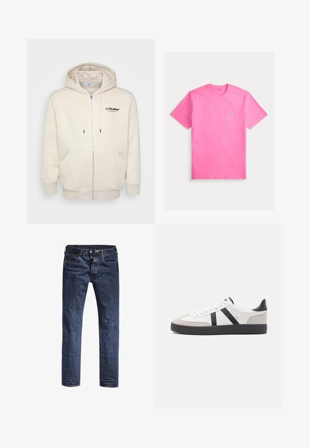 Creme zip-hoodie med snore, forlommer, ribbede manchetter og "JJ Studios" logo på brystet i sort. Blødt stof tekstur.; Kortærmet lyserød t-shirt lavet af bomuld, med en lomme på venstre bryst og en lille blå logo broderet øverst.; Mørkeblå denim jeans med slim fit, fem lommer og en standard taljehøjde. Har synlige syninger og metal hardware detaljer.; Hvide sneakers med sorte og grå detaljer, med en tekstureret grå tåhætte, sort gummisål og flade hvide snørebånd. Rent design, minimalistisk stil.