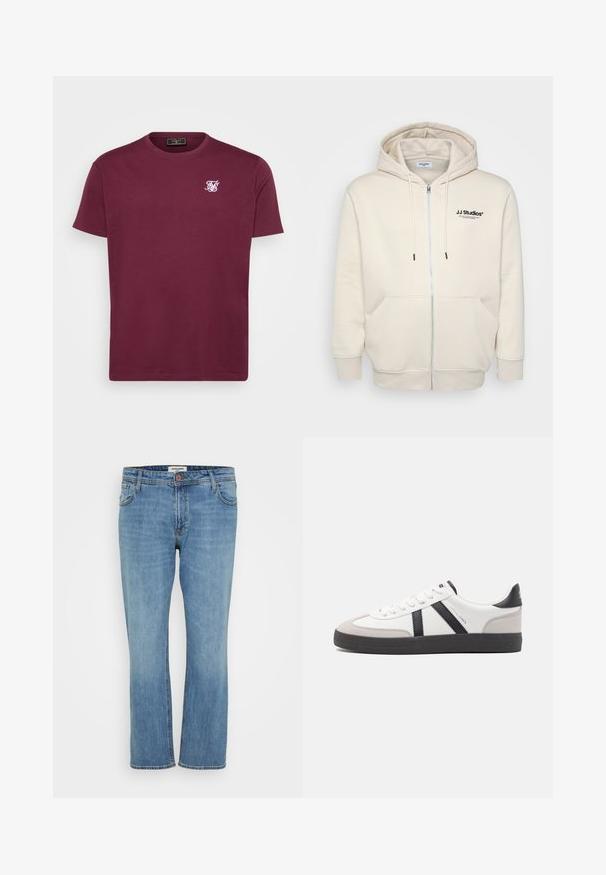 Cremefarbene Zip-Hoodie mit Zugbändern, Fronttaschen, gerippten Bündchen und schwarzem "JJ Studios"-Logo auf der Brust. Weicher Stoff. ; Bordeaux Baumwoll-T-Shirt mit runder Halslinie, kurzen Ärmeln und einem kleinen weißen Logo auf der linken Brust. Glatte Textur und klassischer Schnitt.; Blaue Jeans im geraden Schnitt mit Knopf- und Reißverschluss, Vorder- und Hintertaschen sowie sichtbaren Nähten auf weißem Hintergrund.; Weiße Sneaker mit schwarz- und grau-aczenten, ausgestattet mit einer strukturierten grauen Zehenkappe, schwarzer Gummi-Sohle und flachen weißen Schnürsenkeln. Sauberes Design, minimalistische Stil.