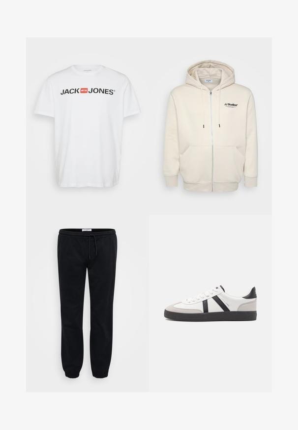 Creme zip-hoodie med snore, forlommer, ribbede manchetter og "JJ Studios" logo på brystet i sort. Blødt stof tekstur.; Hvid bomulds T-shirt med "JACK & JONES" logo i sort med en rød rektangulær accent. Korte ærmer og rund hals. Glat tekstur.; Sorte sweatpants lavet af blødt bomuld med elastisk talje og snor. Har elastiske manchetter og sidelommer for praktisk anvendelse.; Hvide sneakers med sorte og grå detaljer, med en tekstureret grå tåhætte, sort gummisål og flade hvide snørebånd. Rent design, minimalistisk stil.