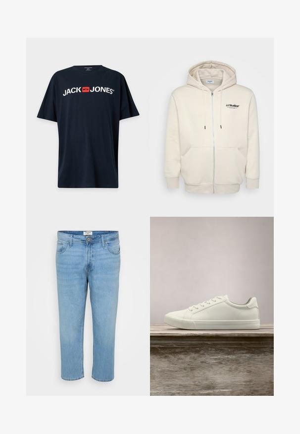 Creme zip-hoodie med snore, forlommer, ribbede manchetter og "JJ Studios" logo på brystet i sort. Blødt stof tekstur.; Sort T-shirt med korte ærmer med hvid "JACK JONES" tekst og et rødt firkantet logo centreret på brystet.; Lys blå denimjeans med en afslappet pasform, fem-lomme design, knaplukning og synlige syninger.; Hvide snørresneakers svævende over en træbænk med grønne planter i baggrunden, der fremhæver skodesign og tekstur.