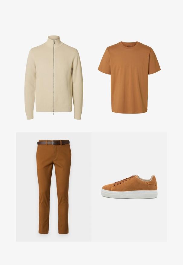 Beige striktrøje med fuld lynlås med ribkant ved kant, manchetter og krave, med en tovejs sølvlynlås foran.; Enkelt brun kortærmet bomulds-T-shirt med rund hals og almindelig pasform, mærket "Selected Homme" inde i kraven.; Brune bomuldsbukser med slim fit, der har et brunt læderbælte og diskrete syninger. Glat tekstur og skræddersyet form.; Tan ruskindslignende sko i afslappet stil med brune snørebånd, hvid gummisål, rund tå og minimalistisk design med en tekstureret hæl akcent.