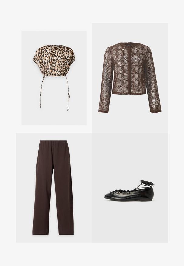 Veste en dentelle marron à manches longues avec motifs floraux et géométriques, devant boutonné, col rond sur fond uni.; Top court imprimé léopard avec cordons en bas et encolure froncée, manches courtes amples.; Pantalon marron à jambes larges avec une taille élastique, en tissu texturé, présenté à plat sur fond blanc.; Ballerines en cuir verni noir avec un bout rond, un design à lacets et une semelle plate. Texture lisse avec peu de détails.