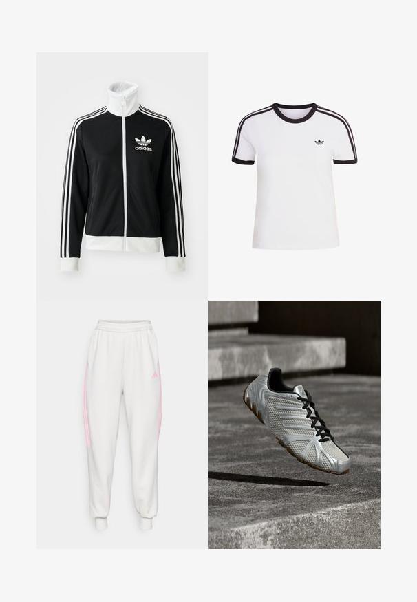 Mustapaitainen vetoketjullinen takki, jossa on korkea kaulus, valkoinen Adidas-logo ja kolme valkoista raitaa hihoissa, valmistettu sileästä ja hengittävästä kankaasta.; Valkoinen lyhythihainen t-paita mustilla yksityiskohdilla, jossa on pyöreä pääntie ja kolme mustaa raitaa kummallakin olkapäällä. Pieni musta logo rinnassa.; Valkoiset collegehousut, joissa on joustavat nilkkakutistukset, vaaleanpunaiset sivuhihnat ja pieni vaaleanpunainen Adidas-logo vasemmassa yläreidessä.; Hopea-musta Adidas urheilukenkä, jossa teksturoidulla pinnalla varustettu design ja ruskea pohja, ripustettuna harmaan betonipinnan ja askelmien yläpuolella.