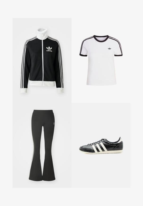 Must-sinine tõmblukuga jakk kõrge kaelusega, valge Adidas'i logo ja kolm valget triipu varrukatel, valmistatud siledast ja hingavast kangast.; Valge lühikeste varrukatega T-särk mustade detailidega, ümmarguse kaelusega ja kolme musta triibuga kummalgi õlal. Väike must logo rinnal.; Mustad laiad leggingud venivast kangast, kõrgema vöökohtaga ja valgete külgtriipudega. Sisaldab väikest logo vöökohtadel.; Must madal tennisejalanõu valgete triipude ja tekstuurse, läikiva pinnaga, valge tallaga ja mustade paeltega, külgvaates valgel taustal.