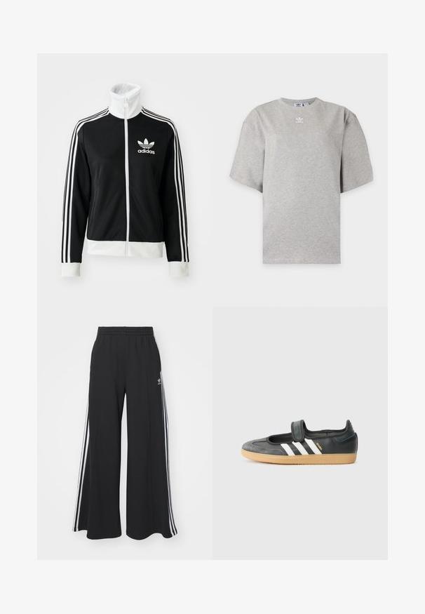 Čierna zipsová bunda s vysokým golierom, bielym logom Adidas a tromi bielymi pruhmi na rukávoch, vyrobená z hladkej, priedušnej tkaniny.; Svetlosivé tričko Adidas s krátkym rukávom, okrúhlym výstrihom a malým bielym logom Adidas na hrudi, zobrazené na jednoduchom pozadí.; Čierne nohavice s širokými nohavicami a elastickým pásom, s tromi bielymi pruhmi po vonkajších stranách a malým logom vpredu.; Čierne kožené a zamšové tenisky s Velcro pásikom, s tromi bielymi pruhmi a gumenou podrážkou, označené nápisom "SAMBA" na boku.