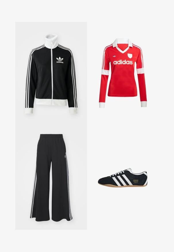 Must-sinine tõmblukuga jakk kõrge kaelusega, valge Adidas'i logo ja kolm valget triipu varrukatel, valmistatud siledast ja hingavast kangast.; Punane pikade varrukatega jalgpallipluus valge krae ja varrukateotstega. Omab kolme valget triipu õlgadel ja väljapaistvat "adidas" logo.; Mustad laia lahuga püksid, millel on kummist vöökoht, kolm valget triipu väliskülgedel ja väike logo esiosas.; Must musta tennisjalanikesed valgete kolme triibuga, kuldse logo ja pruuni kummitaldiga. Omab madalat sidumise disaini.