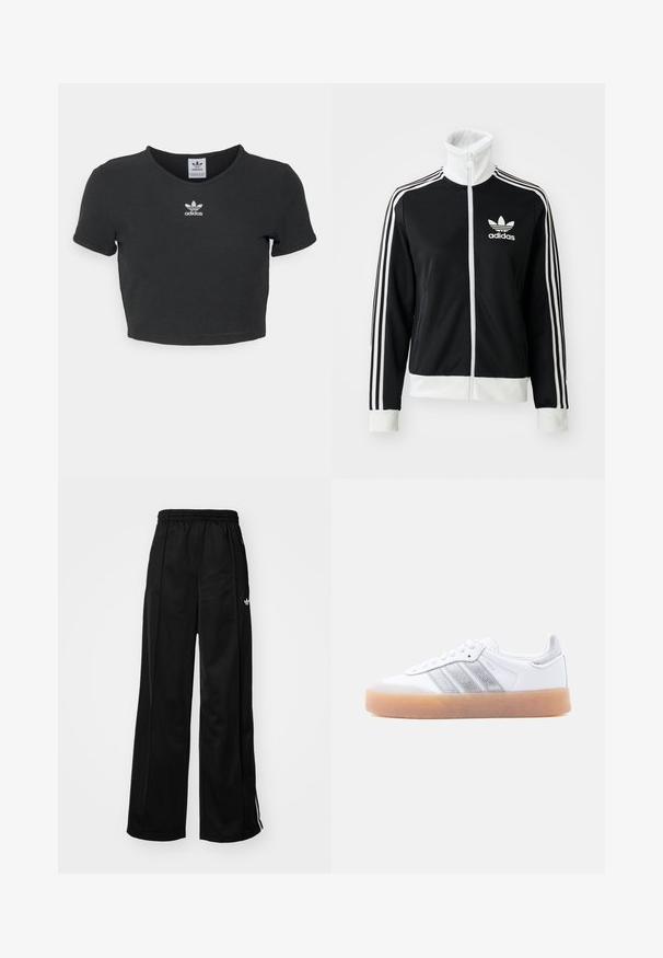 Čierna zipsová bunda s vysokým golierom, bielym logom Adidas a tromi bielymi pruhmi na rukávoch, vyrobená z hladkej, priedušnej tkaniny.; Čierne skrátené tričko vyrobené z bavlny, s okrúhlym výstrihom a krátkymi rukávmi. V strede sa nachádza biele vyšívané logo Adidas.; Čierne široké teplákové nohavice s elastickým pásom, s bielymi bočnými pruhmi a malým logom na ľavom boku. Hladký textil.; Biela nízka teniska s gumovou podrážkou, striebornými pruhovanými bočnými detailmi a šnurovacím zapínaním, zobrazená na jednofarebnom svetlom pozadí.