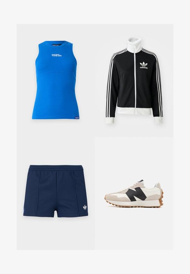 Must-sinine tõmblukuga jakk kõrge kaelusega, valge Adidas'i logo ja kolm valget triipu varrukatel, valmistatud siledast ja hingavast kangast.; Sinine ilma varrukatop, mis on valmistatud ribakudumist. Omab ümarat kaelust ja horisontaalset logo "RACING RED BULL" esiosal.; Teemansinised sportlikud lühikesed püksid, millel on elastne vöökoht, sirge õmblus ja väike valge Adidas'i kolmeleheline logo paremal eesmisel jalal.; Valge ja beež tennisejalanõu musta "N" logoga, kummist talla ja haarduvusega naelutatud talla ning paeltega disain, külgvaates.