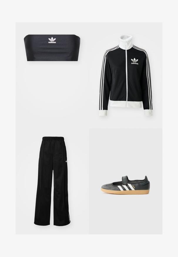 Čierna zipsová bunda s vysokým golierom, bielym logom Adidas a tromi bielymi pruhmi na rukávoch, vyrobená z hladkej, priedušnej tkaniny.; Čierny bandeau top vyrobený z hladkej textílie, s bielym logom Adidas umiestneným v strede na prednej strane, bez ďalších vzorov alebo ozdôb.; Čierne široké teplákové nohavice s elastickým pásom, s bielymi bočnými pruhmi a malým logom na ľavom boku. Hladký textil.; Čierne kožené a zamšové tenisky s Velcro pásikom, s tromi bielymi pruhmi a gumenou podrážkou, označené nápisom "SAMBA" na boku.