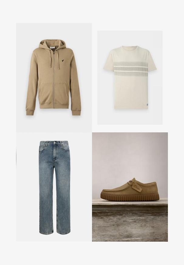 Beige hoodie met rits, voorzakken, capuchon met trekkoord, geribbelde manchetten en een klein zwart vogel-logo op de linkerborst.; Beige T-shirt met korte mouwen en een ronde hals, met drie horizontale lichtgrijze strepen over de borst.; Blauwe jeans met rechte pijpen en een hoge taille, voorzien van een knoop- en ritssluiting aan de voorkant, riemlussen en het klassieke ontwerp met vijf zakken.; Lichtbruine suède schoenen met een ronde neus, gestikte details en een geribbeld bruine rubberen zool. Bevat een zijlabel met het "Clarks" logo.